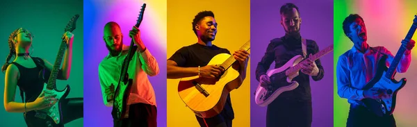Collage Portraits Pop Rock Musicians Electric Acoustic Guitars Isolated Multicolored — Fotografia de Stock