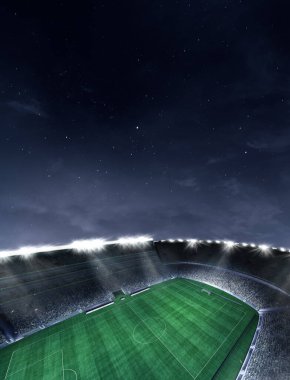 Aerial view of empty football field with flashlights and dark night sky background. Stadium with filled stands with sports soccer fans. Poster for ad, design. 3d model. Vertical flyer