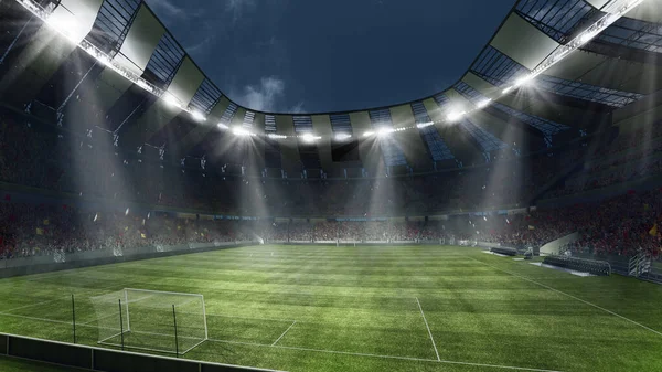 Empty Football Field Flashlights Dark Night Sky Background Stadium Filled — Fotografia de Stock