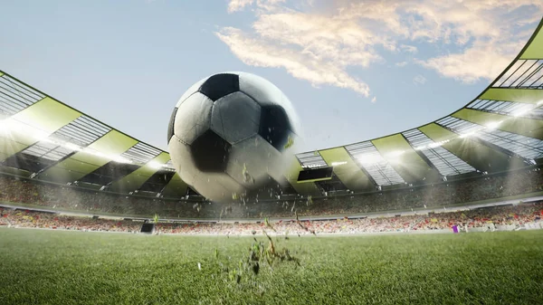 Blurring Effect Flying Soccer Football Ball Crowded Stadium Cloudy Sky —  Fotos de Stock