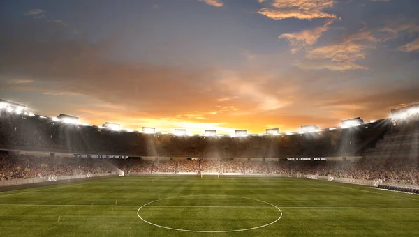 Sunset Empty Football Field Flashlights Dark Night Sky Background Stadium — 스톡 사진