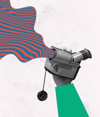 Contemporary art collage. Colorful image of retro video camera in human hands isolated over white background. Concept of art, vintage things, mix old and modernity. Copy space for ad