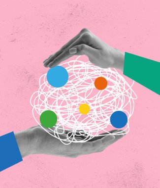 Care and harmony. Female hands with abstract elements on pink background. Concept of human psychology, mental health, relationship, feelings or love. Ideas, imaginations, aspirations. Minimalism