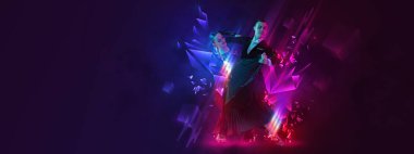 Waltz, valse. Poster, flyer with graceful young couple dancing ballroom dance over dark background with colorful neon elements. Art, music, dance style concept. Open dance cup. Copy space for ad