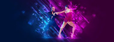 Expression. Flyer with elegant young couple of dancers dancing samba, cha-cha-cha, rumba, paso doble over dark background with neon fluid elements. Art, beauty, dance concept. Poster for ad