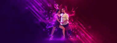 Passion, energy and emotions. Stylish young couple dancing samba, cha-cha-cha, rumba, paso doble over dark background with neon fluid elements. Art, beauty, dance concept. Poster
