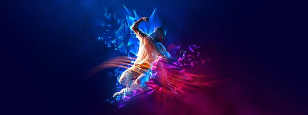 Flyer Young Stylish Man Breakdanc Dancer Motion Dark Background Neon — 图库照片#