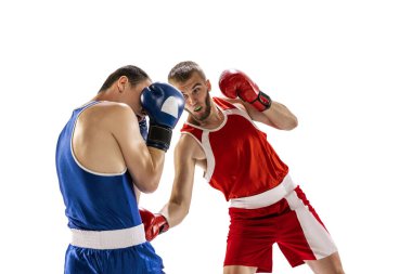 Boxing hook punch. Closeup two professional boxer in sports uniform training together isolated on white studio background. Concept of sport, competition, training, energy. Copy space for ad, text