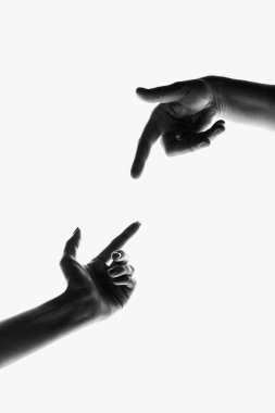 Touch. Monochrome image of beautiful hands in different motion isolated on white background. Concept of feelings, community, care, support, symbolism, art. Copy space for ad