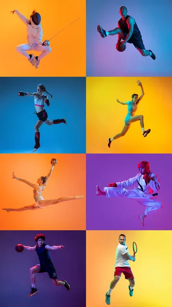 Basketball, judo, tennis, fencing, jumping and kickboxing. Vertical set of images of different professional athlete, fit people in action, motion isolated on multicolor background in neon. Collage