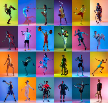 Sport collage of images of professional athletes on gradient colorful neoned background. Concept of motion, action, active lifestyle, achievements, challenges. Soccer, basketball, tennis, boxing and