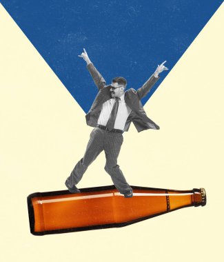 Party time. Excited man dancing on giant beer bottle. Contemporary art collage. Concept of festival, holidays, party, beer, drinks and snacks, oktoberfest, ad and sales. Surrealism