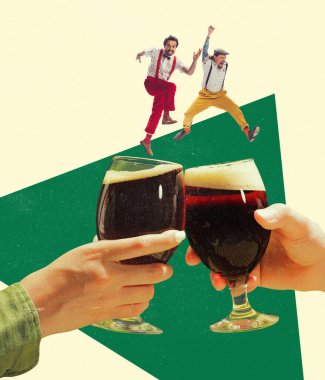 Celebratory toast. Men jumping over dark beer glasses. Contemporary art collage. Concept of festival, holidays, fun, joy, traditions, drinks and snacks, oktoberfest, ad and sales. Surrealism