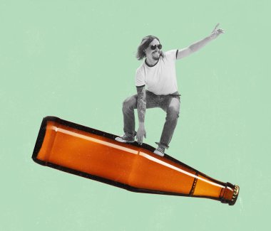 Party time. Stylish man flying on giant beer bottle. Contemporary art collage. Concept of festival, holidays, party, beer, drinks and snacks, oktoberfest, ad and sales. Surrealism