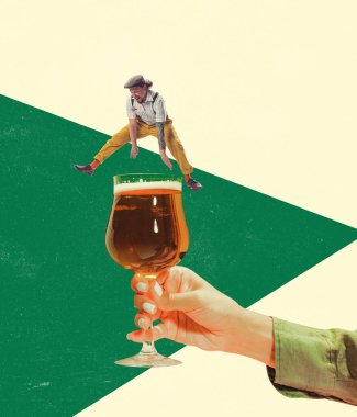 Man jumping over beer glass. Surreal contemporary art collage. Concept of festival, holidays, fun, joy, traditions, drinks and snacks, oktoberfest, ad and sales. Surrealism