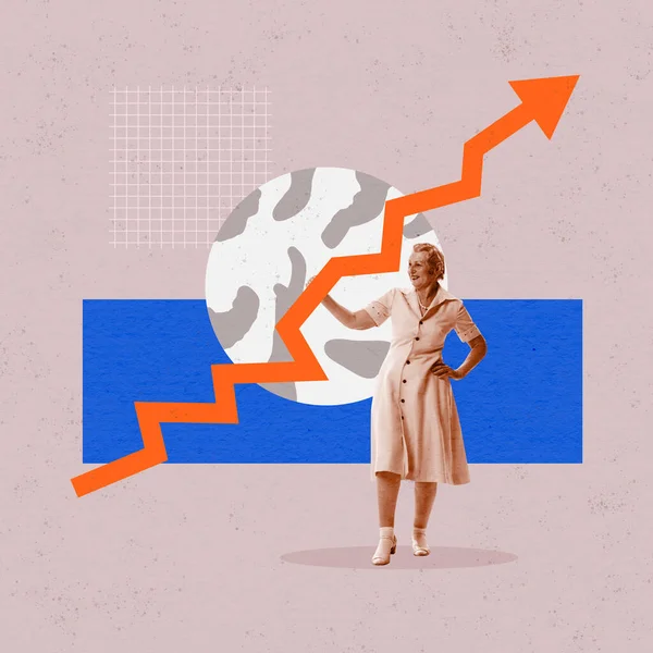Retirement Savings Conceptual Art Collage Happy Senior Woman Holding Big — Stockfoto