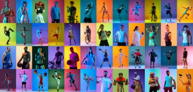 Sport collage of images of professional athletes on gradient colorful neoned background. Concept of motion, action, active lifestyle, achievements, challenges. Soccer, basketball, tennis, boxing and