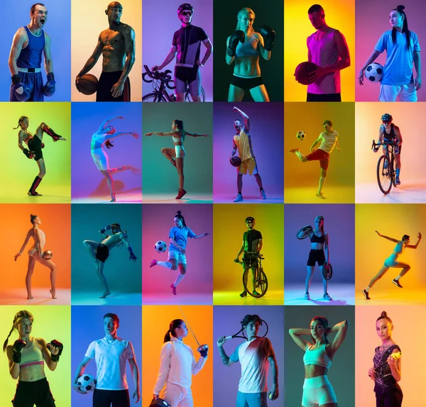 Poster, banner with professional sportsmen in sports uniform over multicolored background in neon filter. Concept of motion, action, competition, achievements. Summer sports. Winner emotions