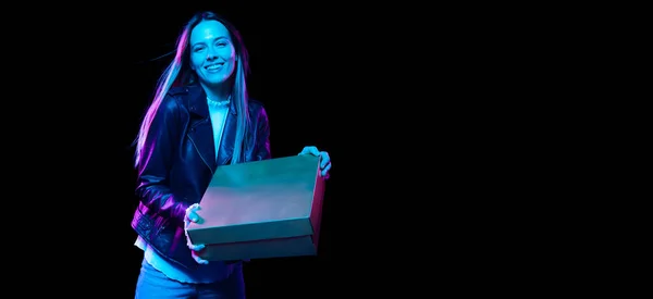 Portrait Young Excited Woman Big Black Carton Box Isolated Dark — Fotografie, imagine de stoc
