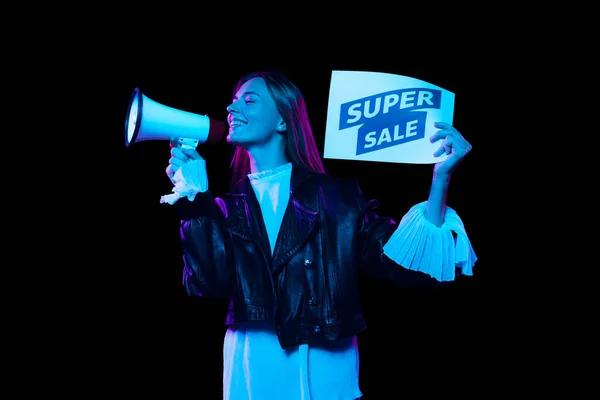 Beautiful Emotional Girl Inviting Shopping Black Friday Seasonal Sales Isolated — Fotografie, imagine de stoc