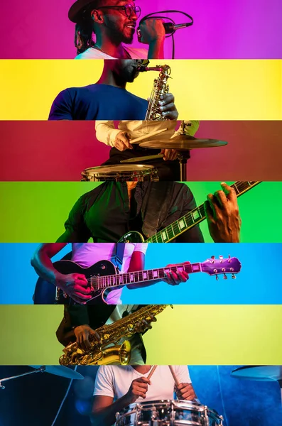 Music band. Collage with cropped portraits of young emotional talented musicians on multicolored background in neon. Playing guitar, drums, singing. Concept of music, creativity, inspiration, ad.