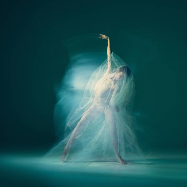 Modern art. Beautiful and graceful ballet dancer dancing with white transparent cloth isolated on cyan color background. Concept of beauty, action, flexibility and inspiration concept. Blurring effect