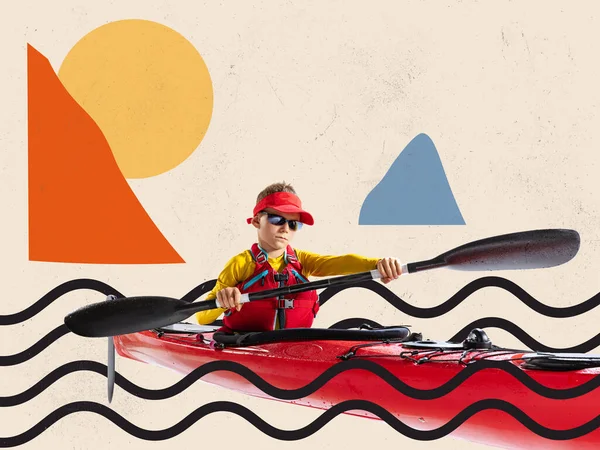 Contemporary Artwork Young Athlete Beginner Kayaker Canoe Life Vest Paddle — Stockfoto