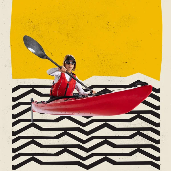 Young Woman Sportsman Canoe Kayak Life Vest Paddle Colorful Background — Stock fotografie