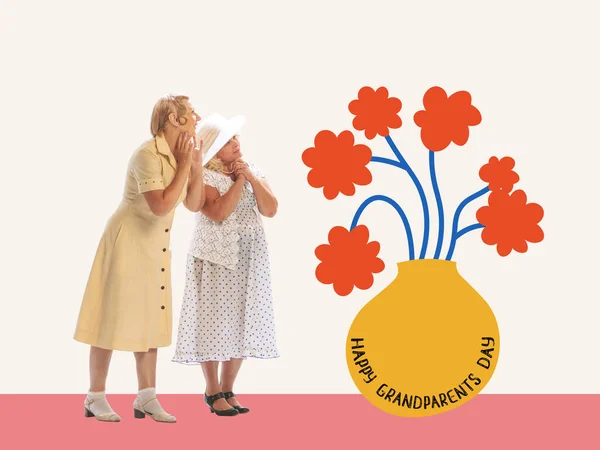 Two friends, happy old women, modern grandmothers and drawn flowers over light background. Creative art design for Grandparents Day greeting Card. Family, holidays, love, care and ad concept.