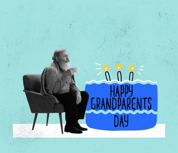 Dont forget your parents. Old sad man, grandfather sitting alone over blue background. Creative art design for Grandparents Day greeting Card. Family, holidays, love, care and ad concept.