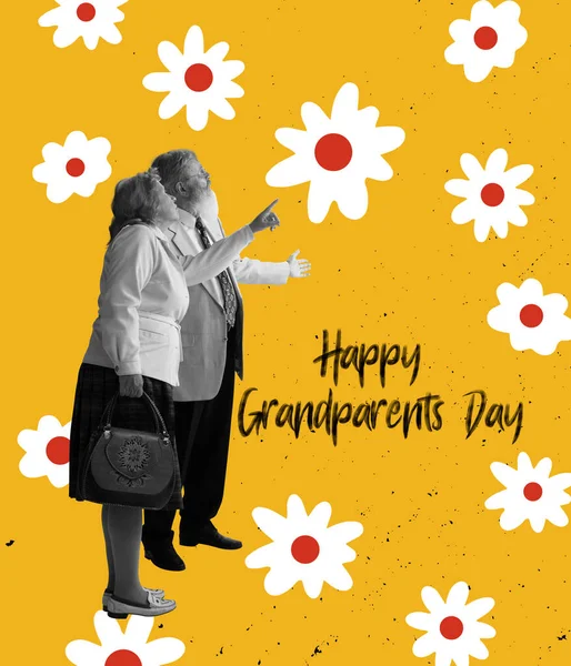 Senior couple, happy grandparents dressed in 70s, 80s fashion style talking each other over floral background. Grandparents Day concept. Family, parents, greetings, love, care, relationship