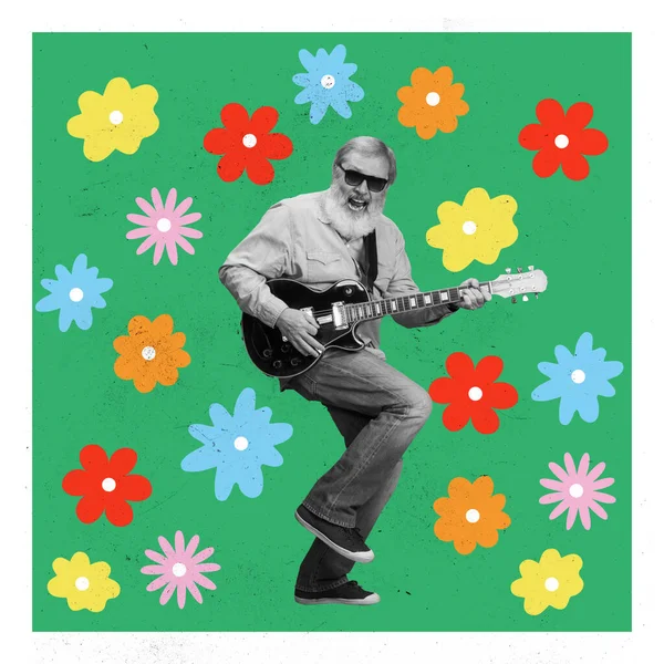Creative art design for Grandparents Day greeting Card. Senior cheerful man, grandfather dances, rejoices and expresses positive emotions. Family, holidays, love, care and ad concept. Floral theme