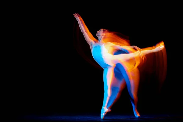 Inspiration Young Graceful Female Ballet Dancer Dancing Dark Background Mixed — Stock fotografie