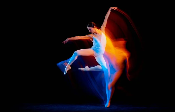 Inspiration Young Graceful Female Ballet Dancer Dancing Dark Background Mixed — Stock fotografie