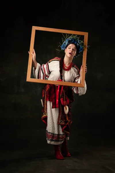 Creative Picture Young Beautiful Ukrainian Woman Wearing Traditional Folk Costume — стоковое фото