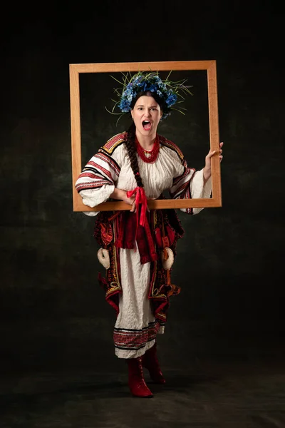 Independence Emotional Young Woman Wearing National Folk Ukrainian Attire Isolated — 图库照片