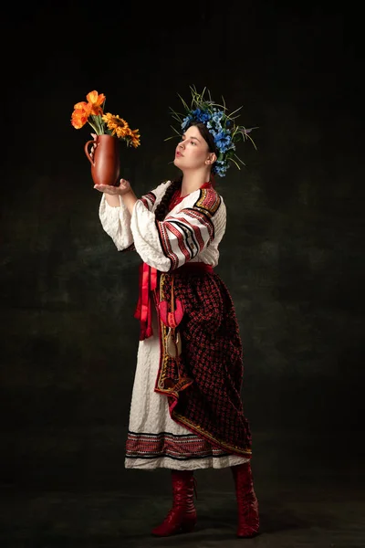 Art Portrait Beautiful Woman Wearing Traditional Folk Ukrainian Costume Posing - Stock-foto