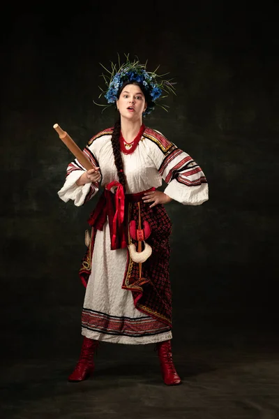 Fight Womens Rights Emotional Adorable Woman Wearing National Folk Ukrainian —  Fotos de Stock