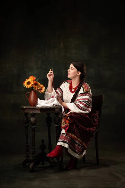 Cross Stitching Emotional Adorable Woman Wearing National Folk Ukrainian Attire — Foto de Stock