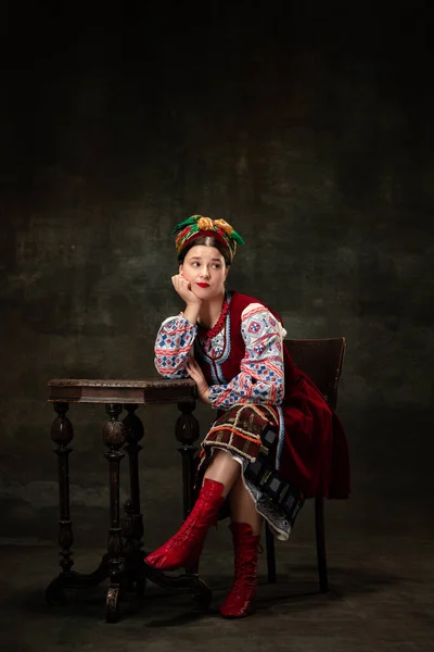 Deeply Missed Creative Portrait Beautiful Ukrainian Woman Wearing Traditional Folk — Stockfoto