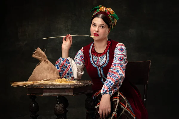 Dreaming Creative Portrait Beautiful Ukrainian Woman Wearing Traditional Folk Costume - Stock-foto