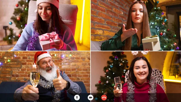 Dreams and presents. PC screen views of young happy people, men and women during online celebration New Year and Christmas holidays. Using digital modern technology. Composite image