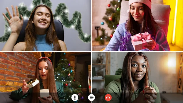 Young happy people, cheerful girls during online celebration New Year and Christmas holidays. Using digital modern technology. Composite image