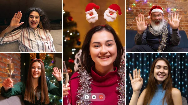 Greetings. PC screen views of young happy people, men and women during online celebration New Year and Christmas holidays. Using digital modern technology. Composite image