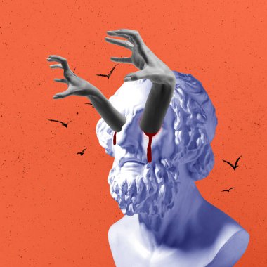 Ancient statue bust and human hands. Contemporary art collage. Halloween holidays theme. Ideas, inspiration, party, ad. Surrealism. Happy Halloween banner, poster. Spooky night