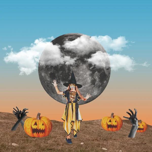 Contemporary Art Collage Halloween Holidays Theme Little Girl Witch Costume — Foto de Stock