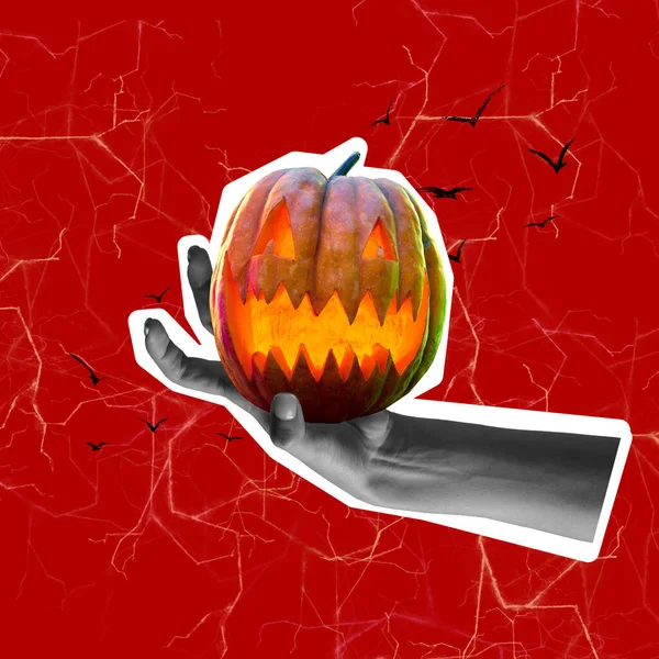 Hand Holding Halloween Pumpkin Bloody Red Background Contemporary Art Collage — Stock fotografie