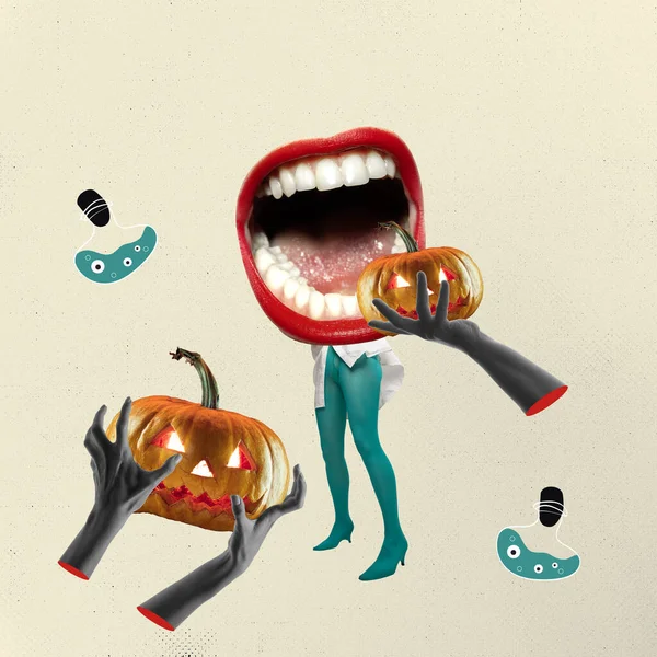 Spooky Night Open Female Mouth Hands Pumpkins Contemporary Art Collage — Foto de Stock