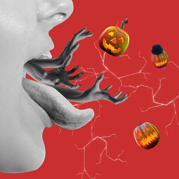 A lot of human hands sticking out of female mouth and catching pumpkins over red background. Contemporary art collage. Halloween holidays theme. Ideas, inspiration, party, ad. Surrealism. Spooky night