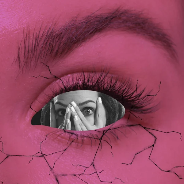 Scared Girl Looking Out Human Eye Contemporary Art Collage Halloween — Stock Photo, Image